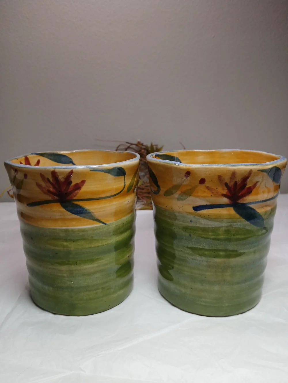 2 Pier 1 Hand-Painted Ceramic Mugs in Yellow, Green and Blue Elizabeth Style